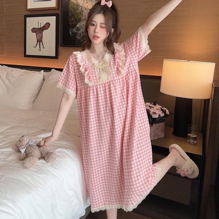 Grid Cherry Print Nightgown Sleepwear Womens Korean Style Ruffles Night Dress Pajamas Summer Short Sleeve Home Wear New In 2XL