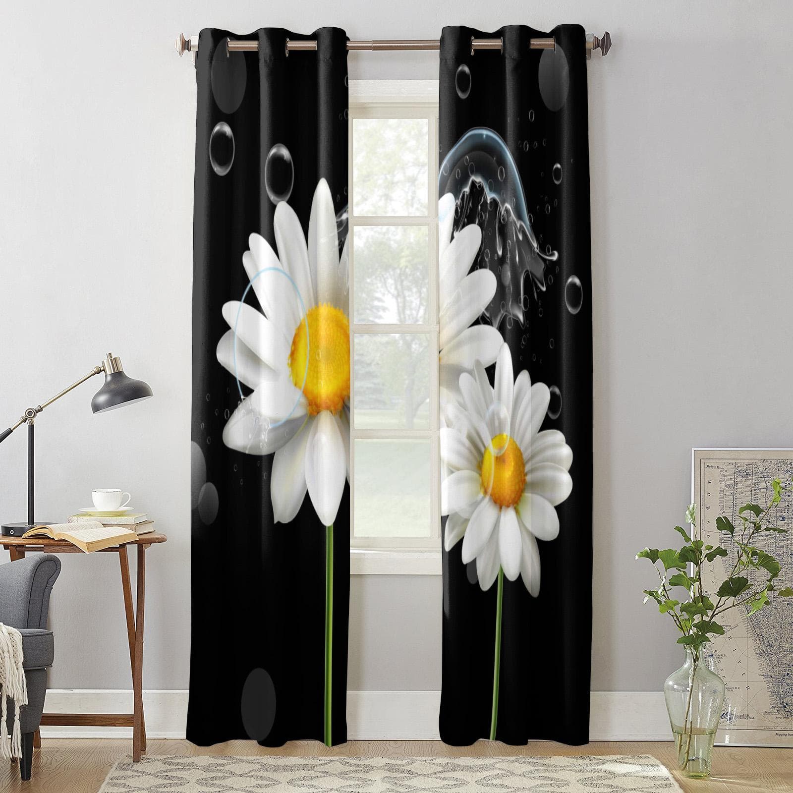 Bedroom Kitchen Curtain White Daisy Flower Waterdrops Window Curtains Curtains for Living Room Decorative Items 135W x 60H(cm) x1