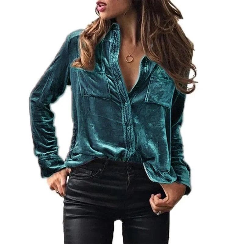 Fashion Long Sleeve Pockets Loose Women Blouse Elegant Solid Button Up Simple Shirt Woman Tops Spring Autumn Velvet Shirts 30538 XL malachite/blue