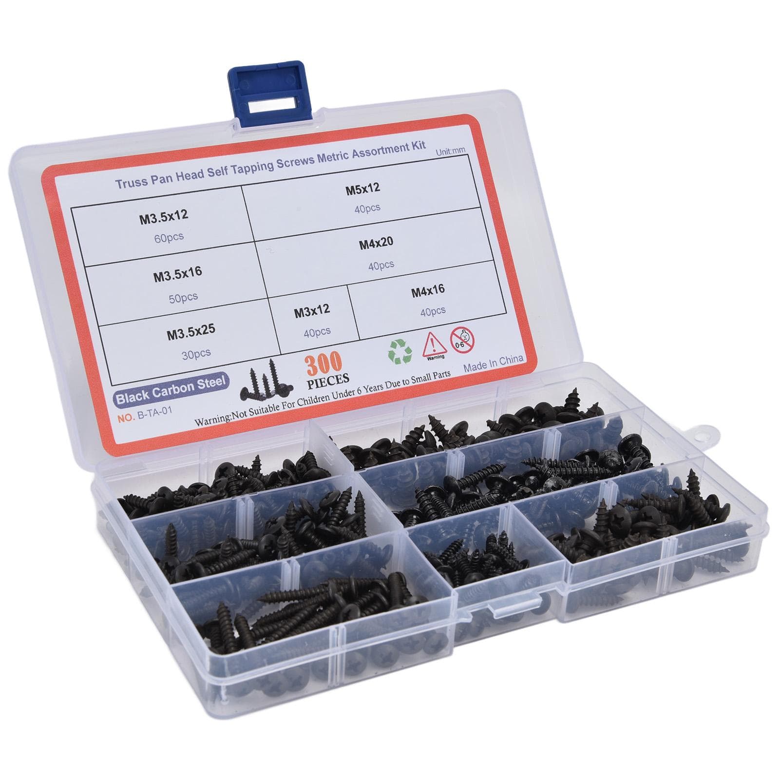 300Pcs Truss Head Self Tapping Screws Cross Carbon Steel Screw Assortment Kit M3 M3.5 M4 M5