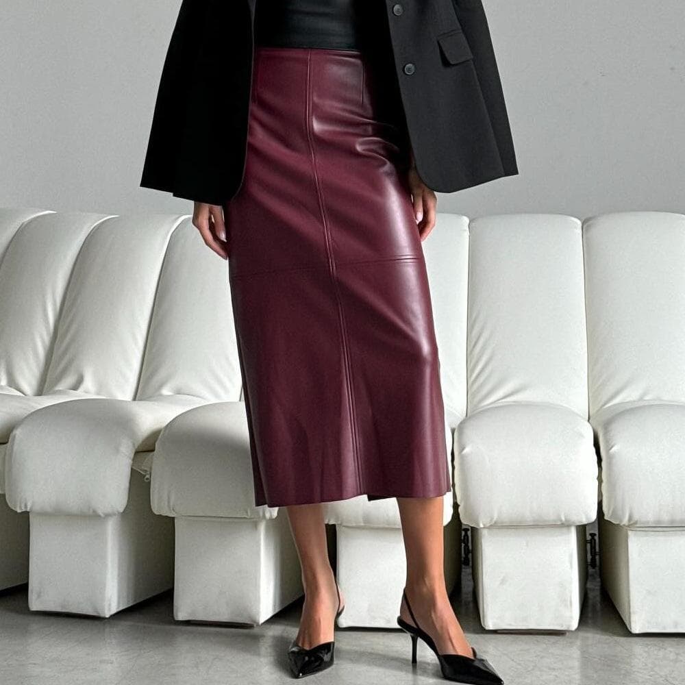 Women's Winter New High-waisted Slim Slit Skirt PU Leather Mid-length Hip-cover Skirt S