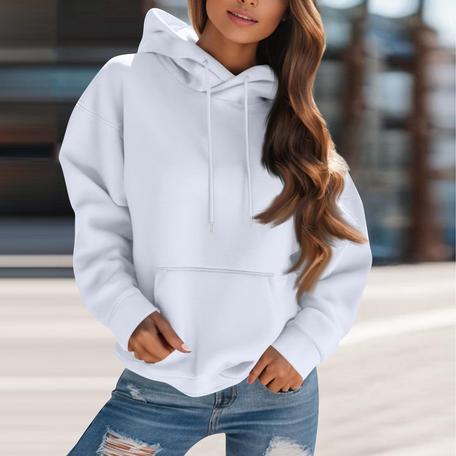 Women's Fashion Solid Color Hooded Drawstring Long Sleeve Loose Pullover Sweatshirt Top XL white
