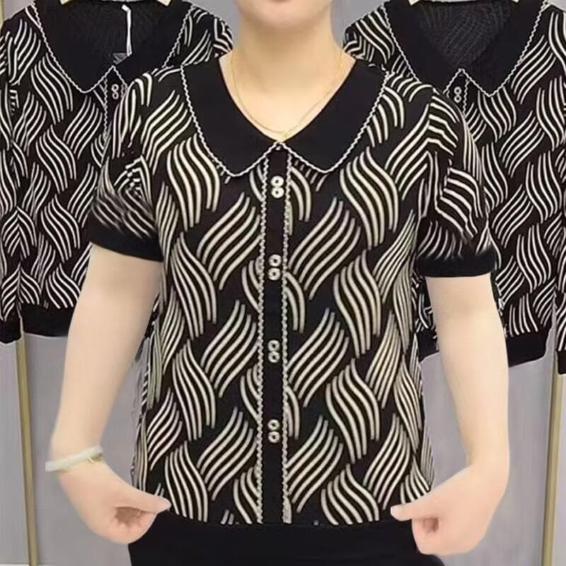 Middle-aged Mothers Spring and Summer New Wavy Doll Collar T-shirt for Women Korean Style Loose Loose Belly Covering Versatile Top 5XL black
