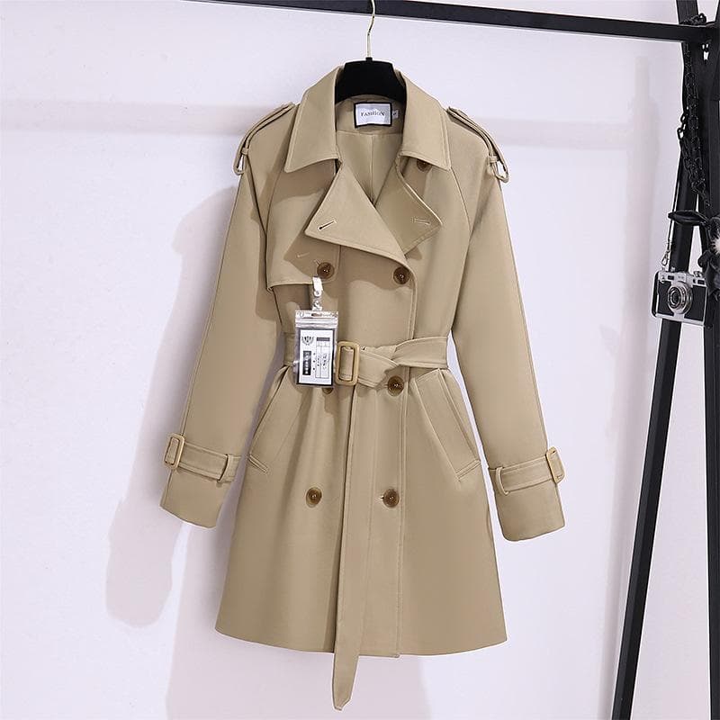 Winter New Temperament Trench Coat Women's Small British Style Korean Large Size Medium and Long Waist and Thin Coat L khaki