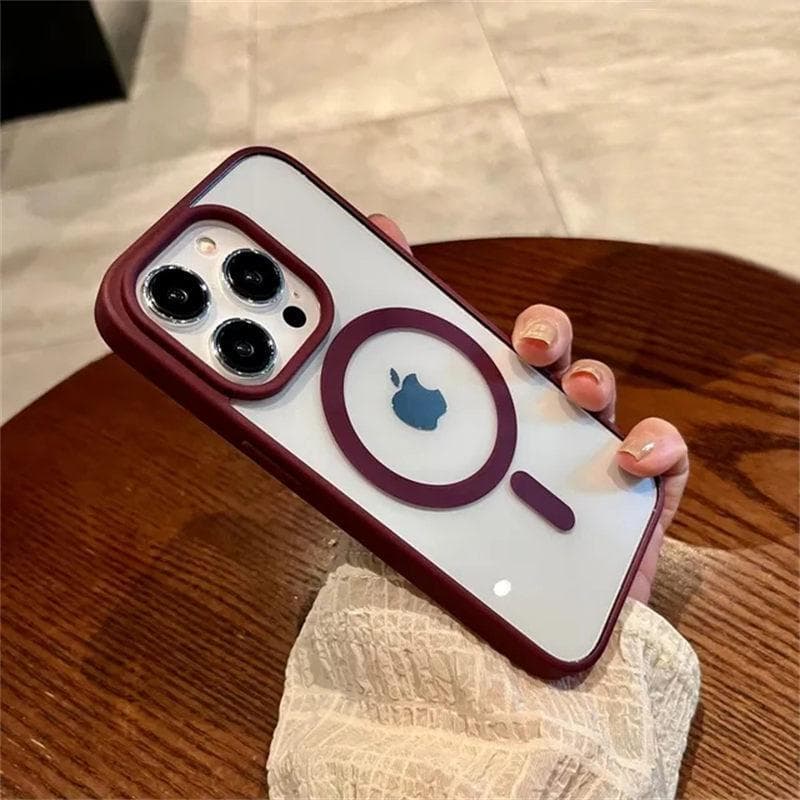 Luxury Magsafe Transparent Case For iPhone 16 15 14 13 12 11 Pro X XS XR Max Mini 7 8 Plus SE 2022 Magnetic Wireless Charge Cover iPhone 15 wine red