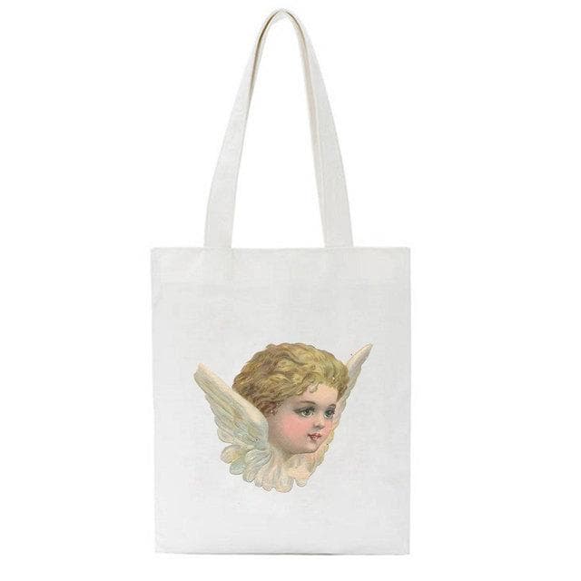 Fiorucci Letter Angel Cartoon Casual Vintage Large-capacity Fashion Harajuku Canvas Bag Hip Hop Shopping Bag Women Shoulder Bags 24*26cm