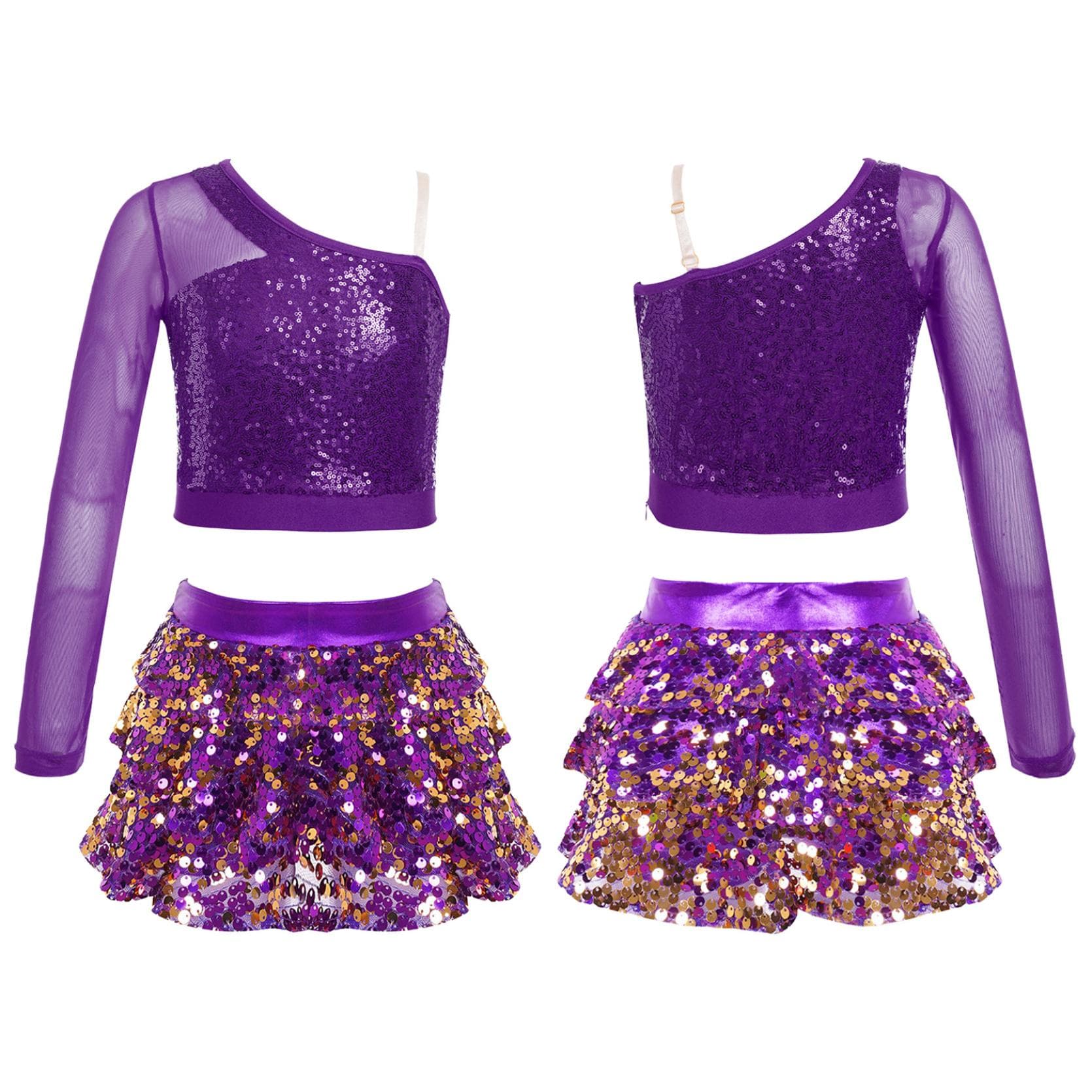 Kids Girls Dance Stage Performance Costume Sparkly Sequins Long Sleeve One Shoulder Top with Tiered Ruffle Skirted Shorts 13-14 Years purple