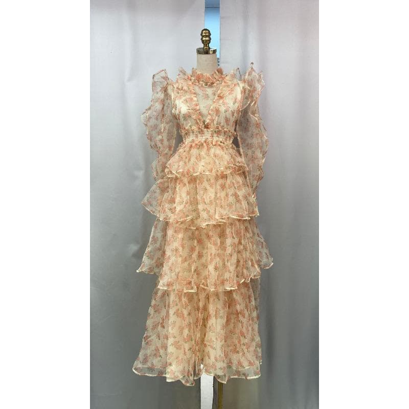 Dress Rose Sweet Sexy Cake Dress Banquet Show Long Dress XL apricot