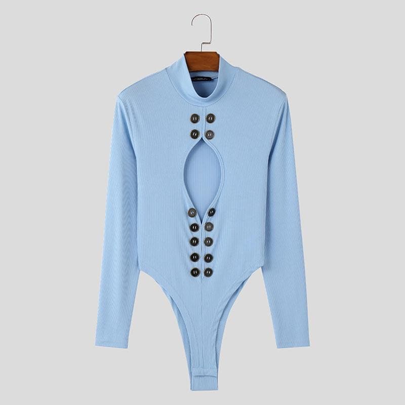 INCERUN Men Mockneck Hollow Long Sleeve Skinny Jumpsuits Bodysuits 2XL blue
