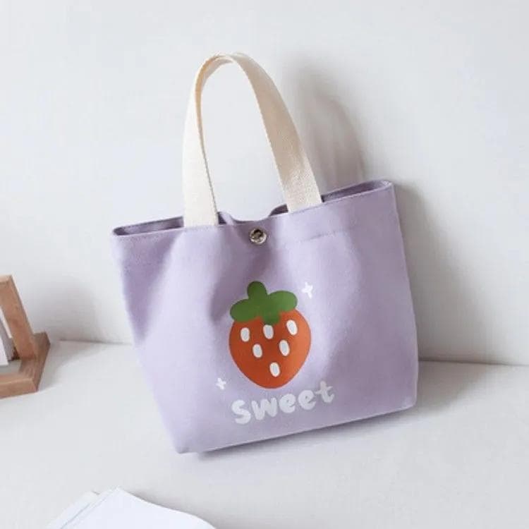 Women's Handbag Cute Strawberry Print Canvas Bag Out Lunch Box Bento Bag Matchy-matchy Mini Small Bag S purple