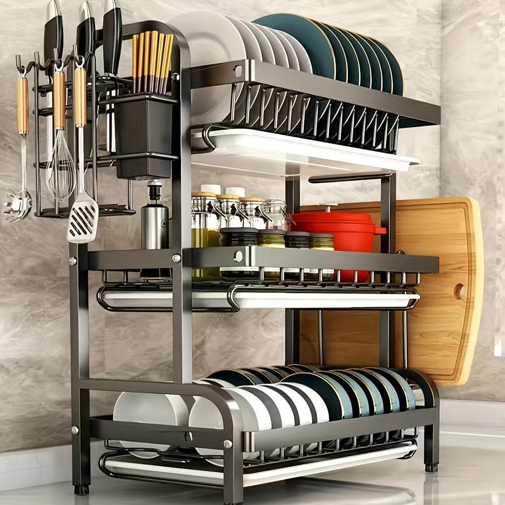 1 Set Premium Carbon Steel 3-Tier Dish Rack with Drainboard - Large Capacity Kitchen Organizer for Dishes, Utensils, Cutlery & Chopping Board Storage black