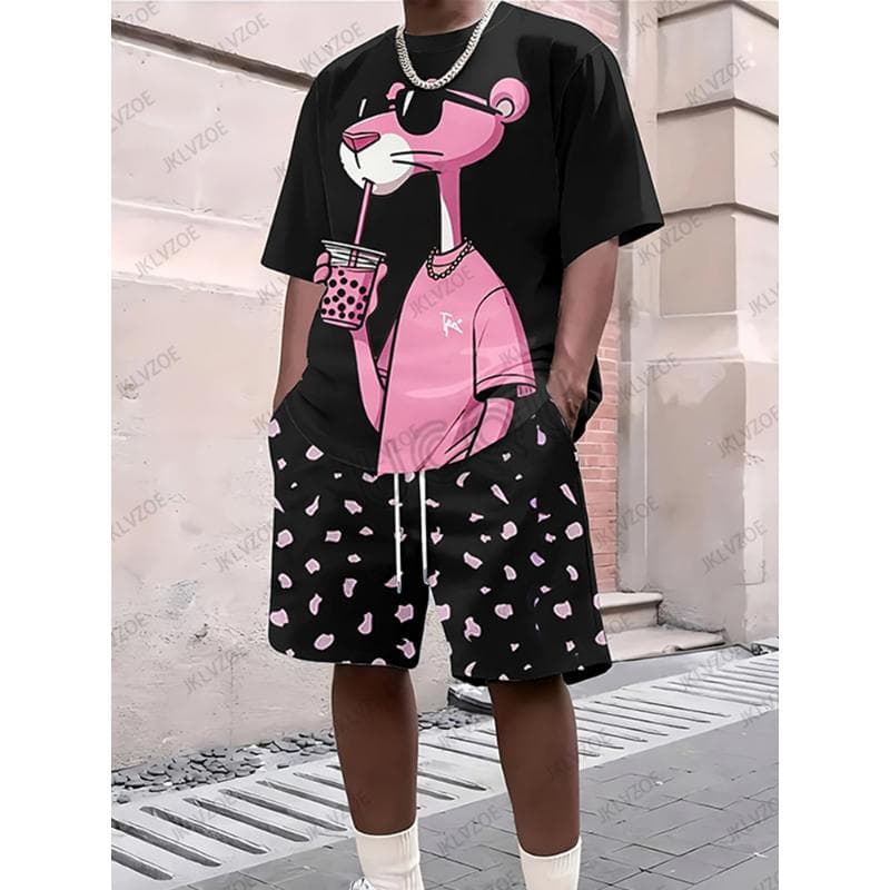 2025 New Men's Tracksuit Sets Pink Panther Short Sleeve T-Shirt Suit Casual Suit Sports Streetwear Shorts 2 Piece Male Clothes S