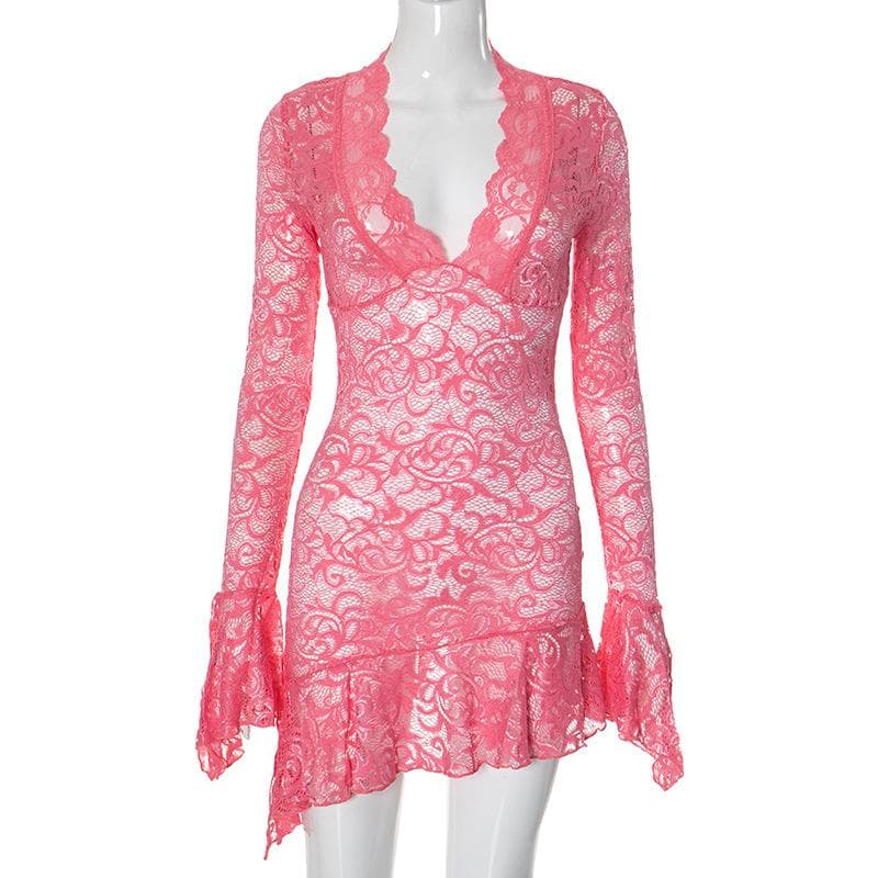 Europe and The United States Wind, Solid Color, Lace Hollow, Low Neck Long Sleeve, Package Hip Dress, Female, Sexy Slim, Spring and Summer New Models XL