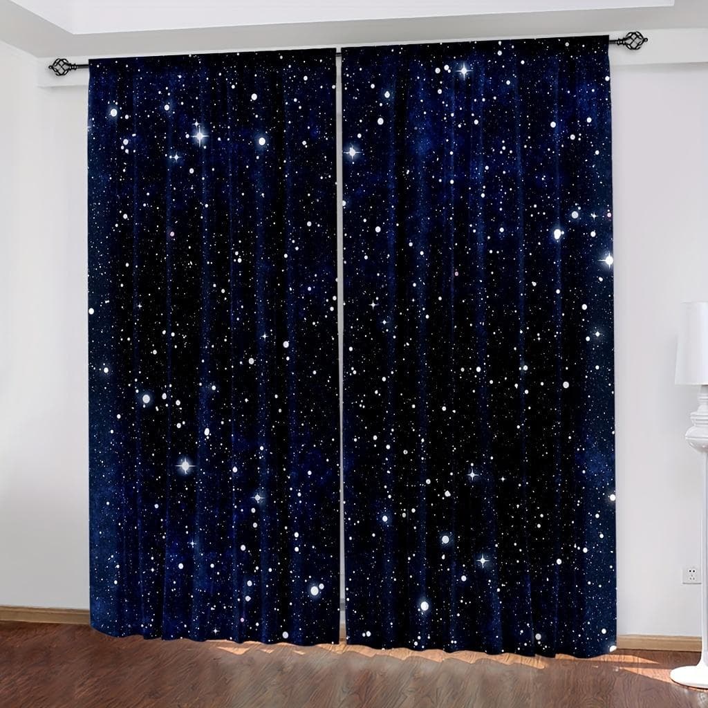 2pcs Galaxy Shining Stars Curtains,Rod Pocket Outer Space Starry Sky Star Printed Curtains,Window Drapes For Living Room Kitchen W70X165H(cm)x2Pcs&Hook