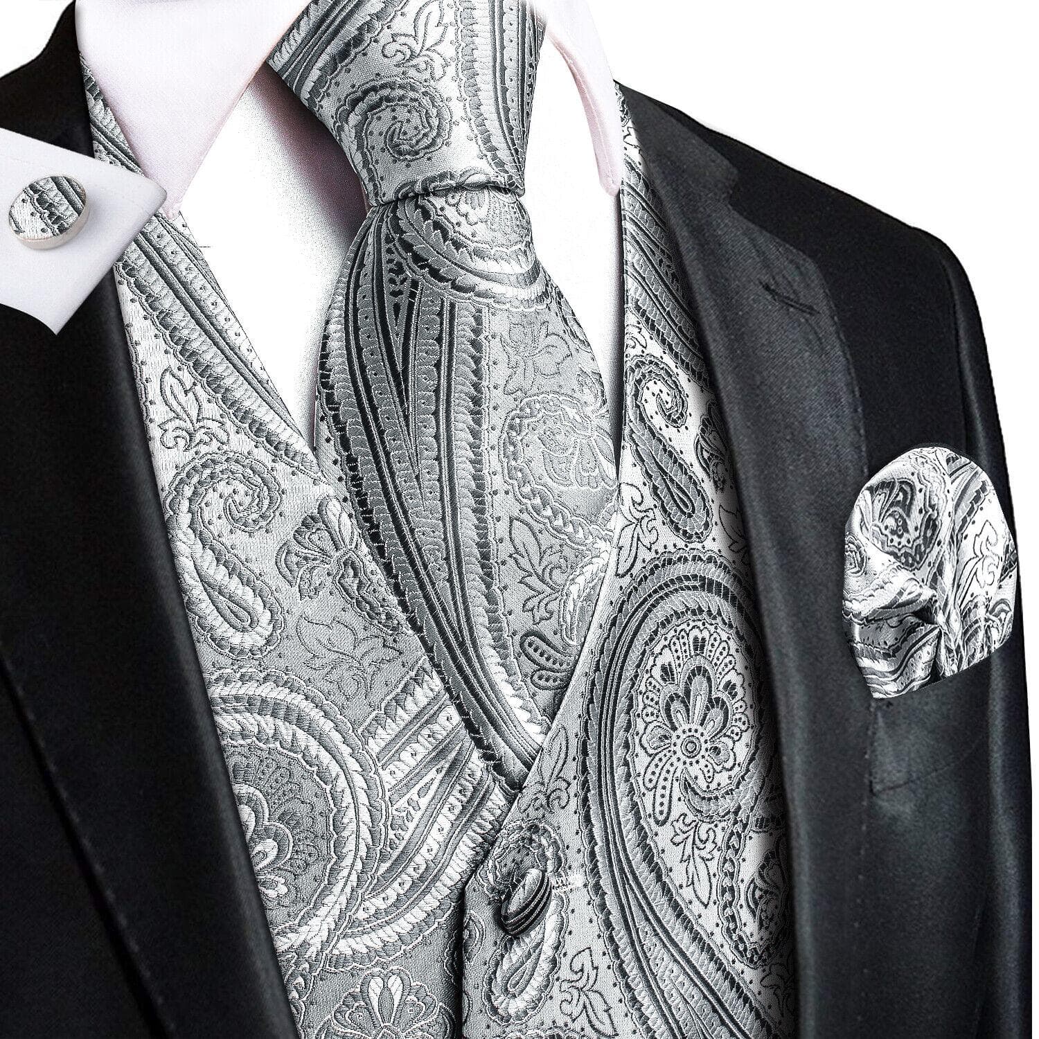 Hi-Tie Mens Waistcoat Silk Paisley Floral Tie Handkerchief Cufflinks SET Formal L