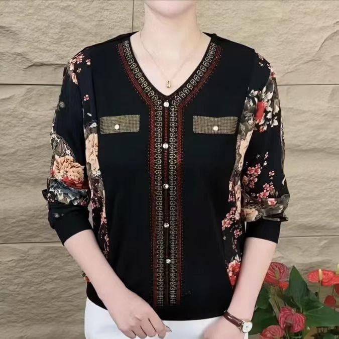 Long-sleeved T-shirt for Women V-neck Ironing Diamond Autumn New Style Mother Outfit Loose Belly Slimming Middle-aged Mother Top M