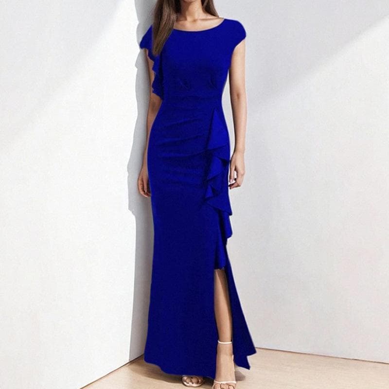 Spring New Style Elegant Sexy and Fashionable Solid Color Round Neck Ruffled Women's Dress XL blue