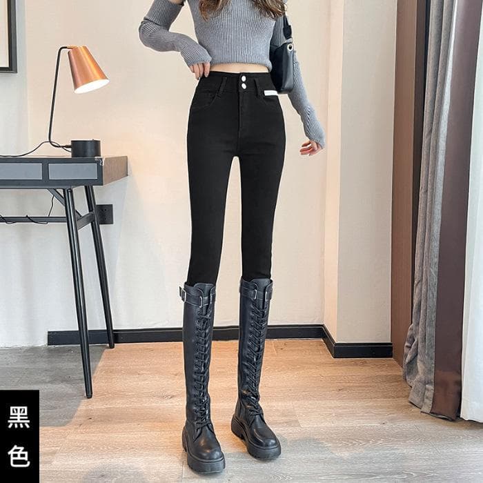 Autumn and Winter Slim Feet Pants In Autumn and Winter Warm Elastic Slim Pencil Pants To Make You Look Slim and High-waisted Denim Rosy Feet Pants 32