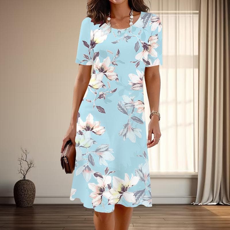 Women's Fashion Graceful Flower Print Summer Spring Short Sleeve O-Neck Casual Dresses XS blue