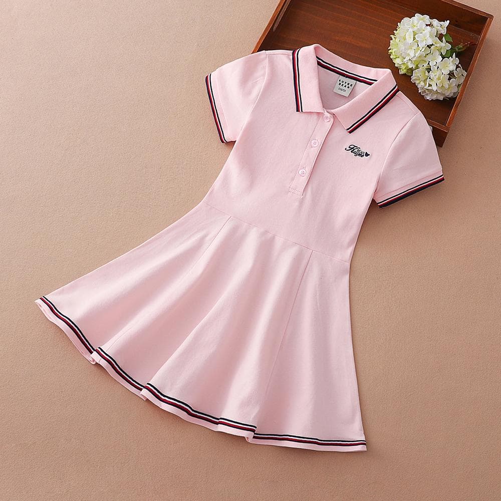 Kids Girls Sport Dresses Turn-Down Collar Summer Short Sleeve Cotton Clothing Tennis Golf Sportwear for Children 140 pink