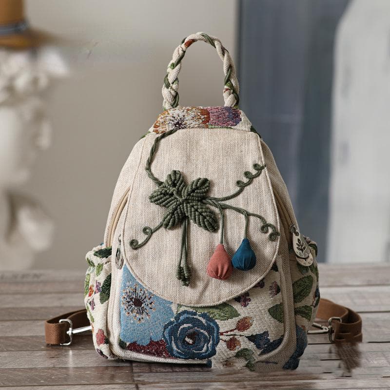 2024 Retro Zipper Backpacks Ladies New Chinese National Style Women Backpack Large Capacity Travel Canvas Schoolbag Girl beige