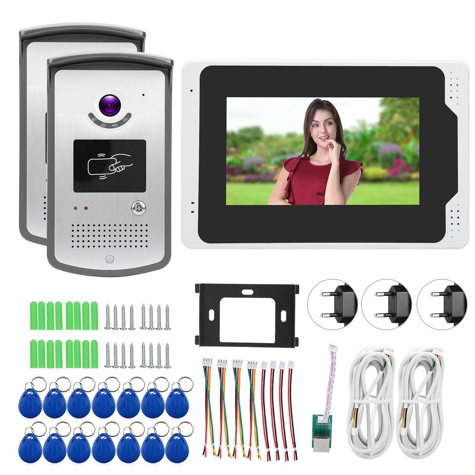 7in 1080P WiFi Video Card Doorbell Intercom 2 Outdoor Unit TFT Screen Rainproof Night Vision for