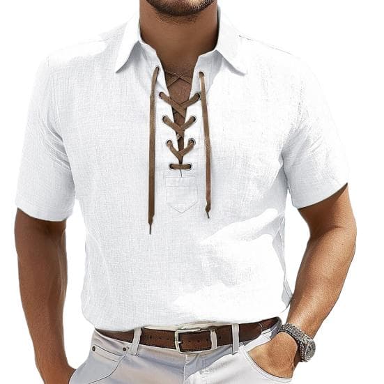 Men's Lace-up V-neck Tee Short Sleeve Lapel T-shirt Solid Color Summer Casual Top for Daily Wear Work Street M white