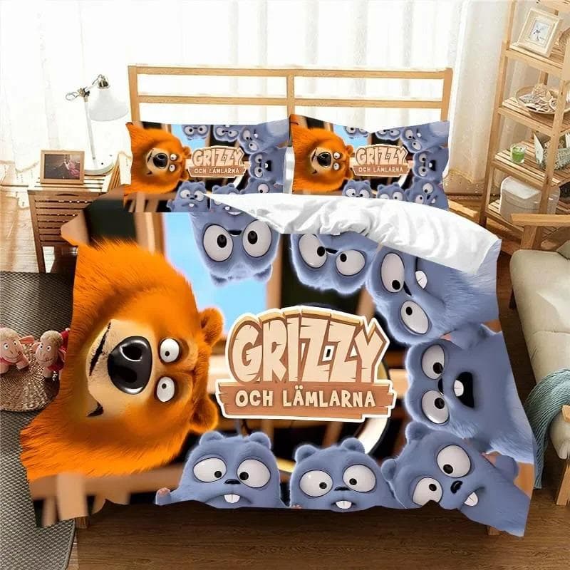 3D G-Grizzy and The Lemmings Bedding Set Duvet Cover Comforter Bed Single Twin Full Queen Youth Kids Girl Boys Gift Bed Sheets EU Single 135x200cm