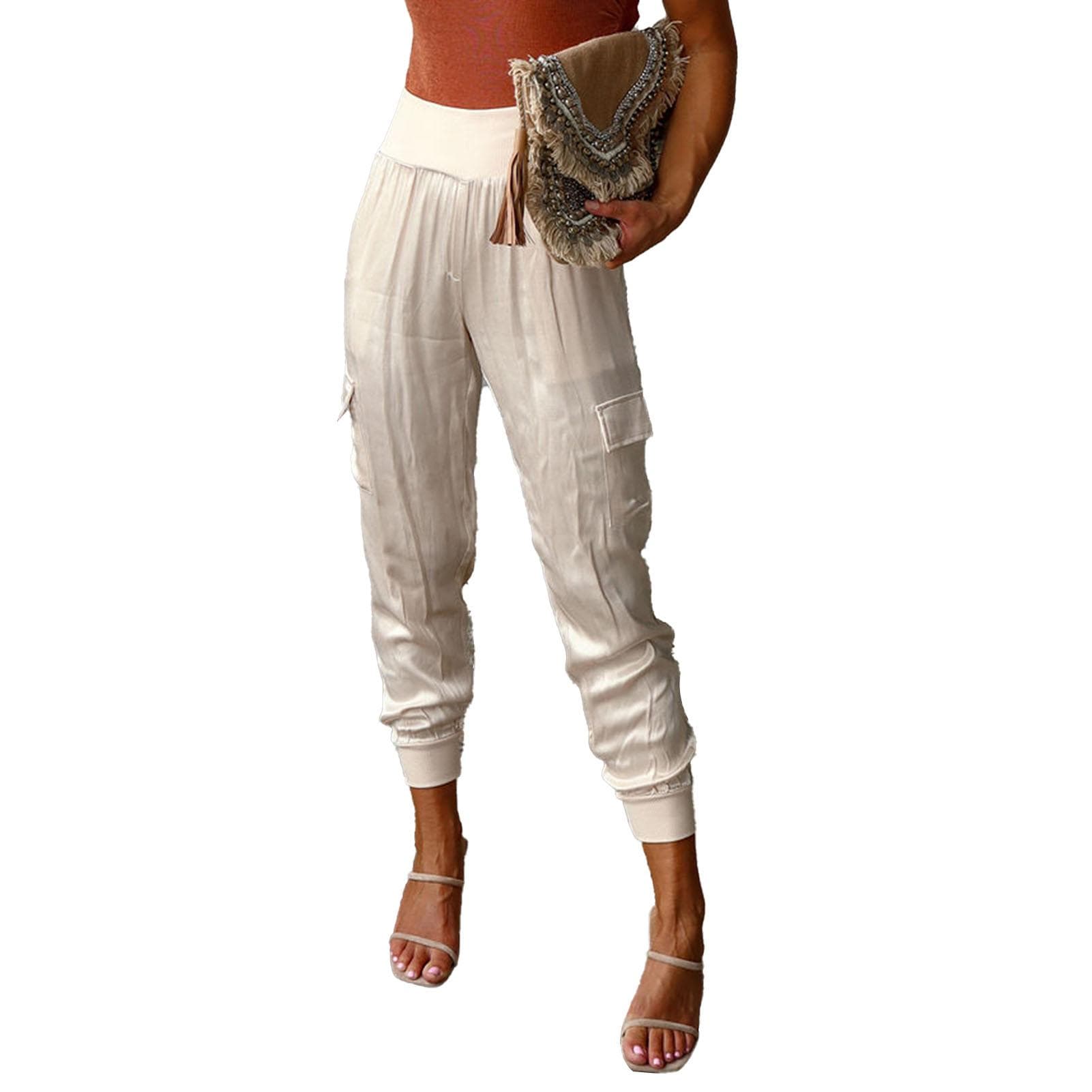 Women Satin Joggers Elastic High Waist Multiple Pockets Casual Tapered Ankle Pants Black XL M(for 4-6.5kg) champagne