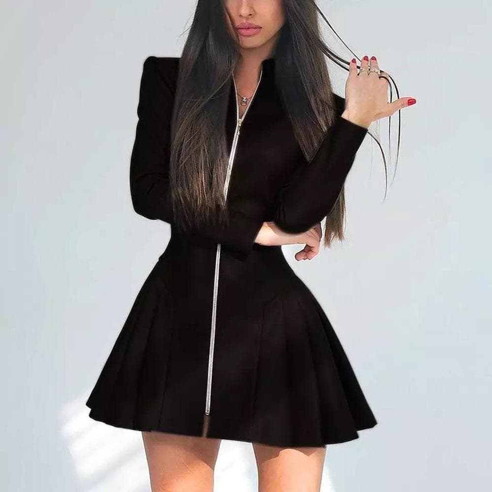 Women's Decorative Long Sleeve Pleated Skirt PU Leather Zipper Dress S