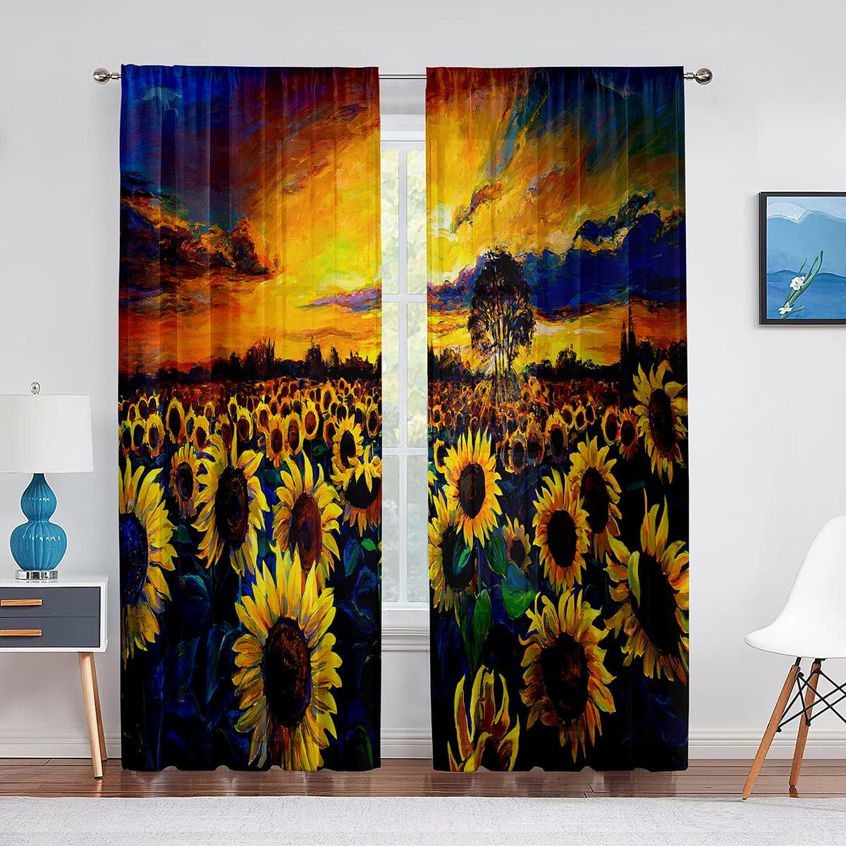 Oil Painting Sunflower Yellow Flowers Artwork Tulle Curtains for Living Room Bedroom Chiffon Sheer Voile Kitchen Window Curtain 1 PCS W100XH250cm&Grommet Top