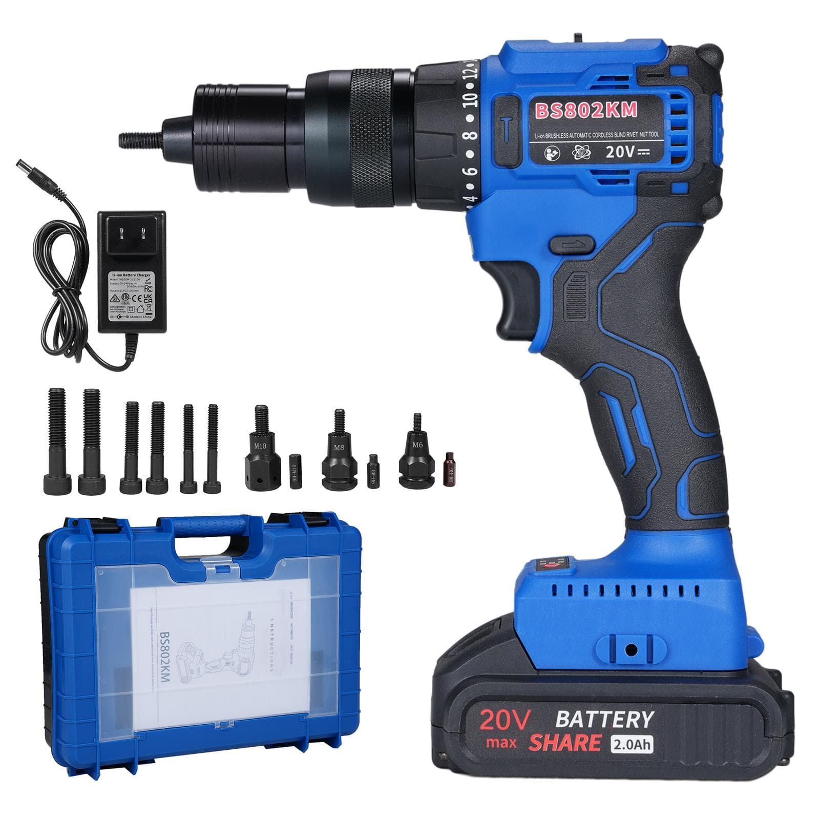 20V Cordless Rivet Machine with 2.0Ah Battery, 2-in-1 Electric Rivet Nut Kit with Memory Mode and blue