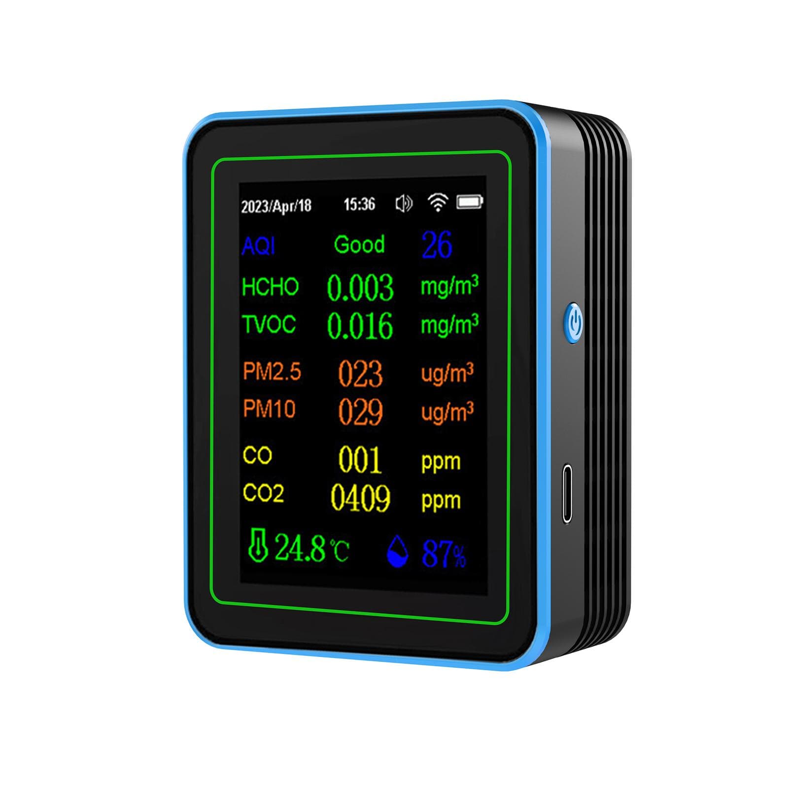 WiFi 12 in 1 Air Quality Detector Carbon Dioxide Detector with Time Date Display AQI PM2.5 PM10 black