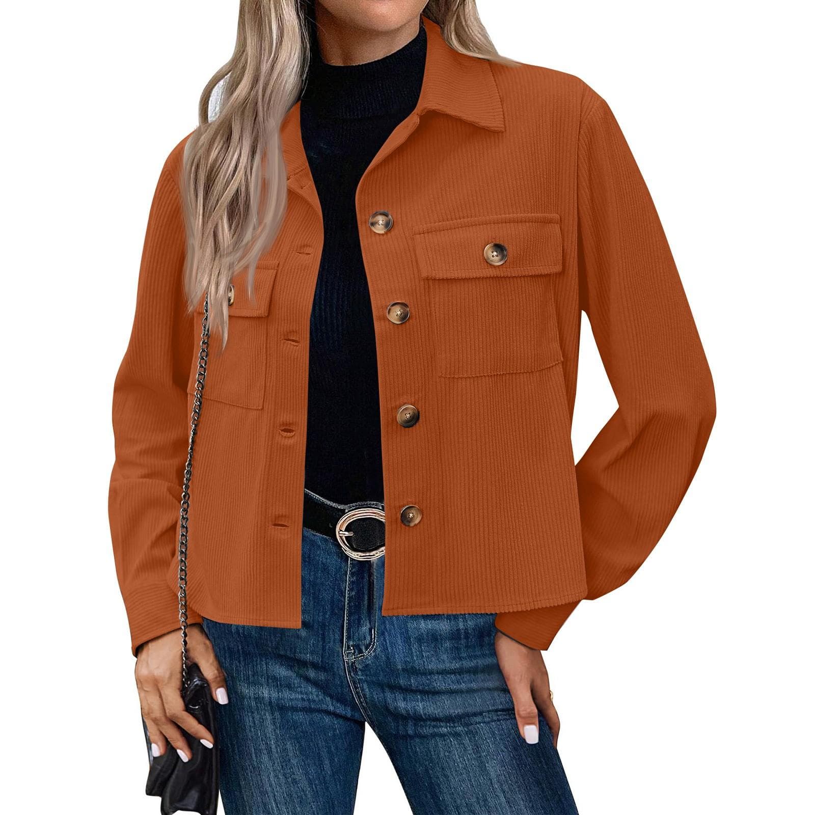 Women's Solid Color Casual Short Corduroy Button Jacket M orange