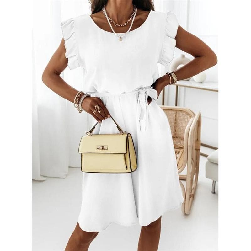 Summer New European and American Women's Clothing Pure Color Ruffles Elegant Dress S