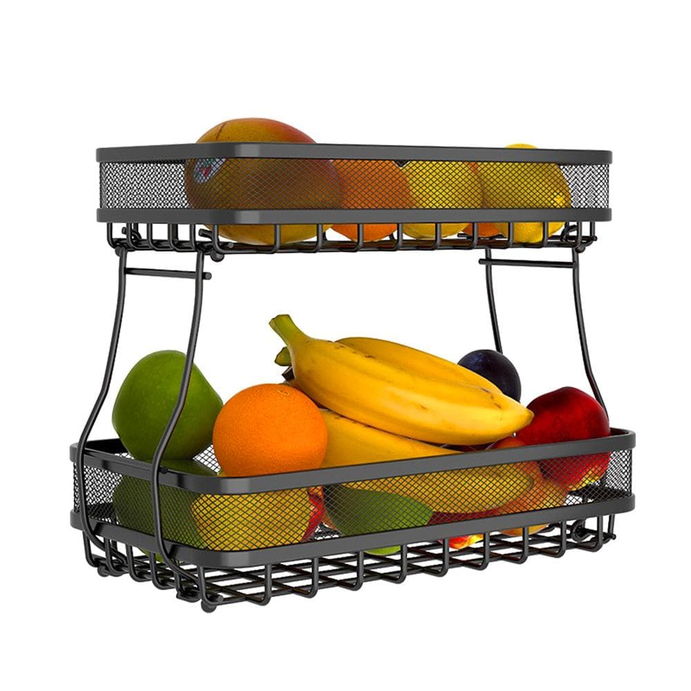 2 Tier Fruit Storage Basket Kitchen Countertop Organizer with Bold Carbon Steel Wire Mesh Bowl for black