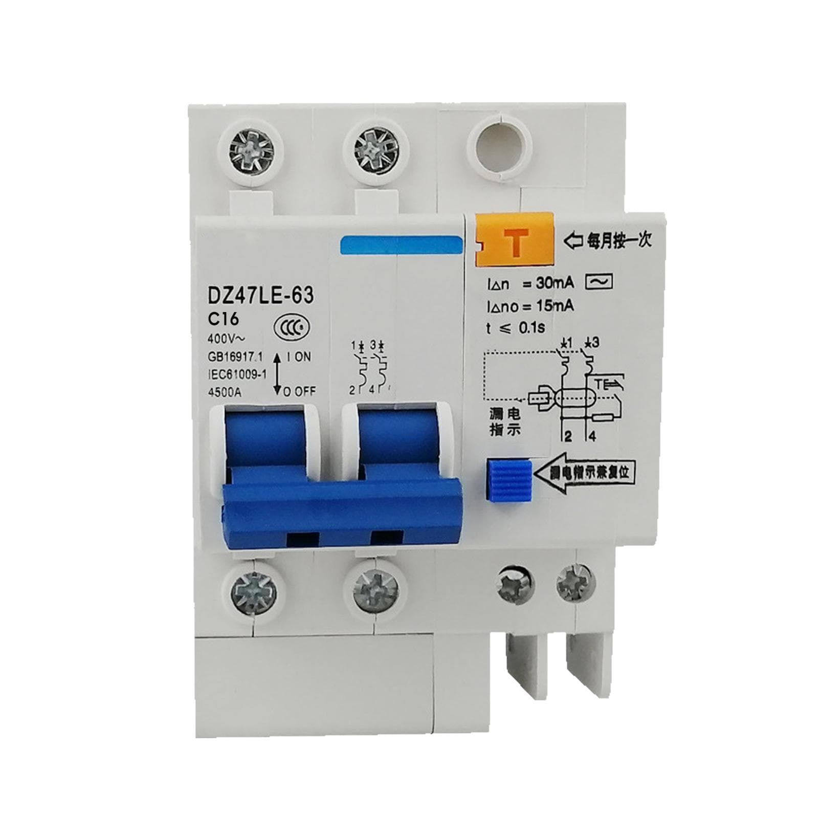 Miniature Residual Current Circuit Breaker 2 Poles 30mA 400V Household Electric Leakage Protector 16A white