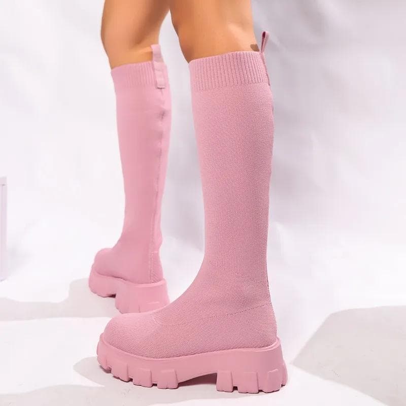 Fashion 2024 pink thick sole knitted boots women's fashion stretch socks and shoes over knee boots round head fashion boots 43 pink