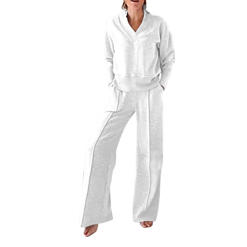 2 Pcs/Set Women Top Pants Set V Neck Long Sleeves Loose Sweatshirt Elastic Waist Wide Leg Sweatpants Sport Outfit Autumn Casual L white