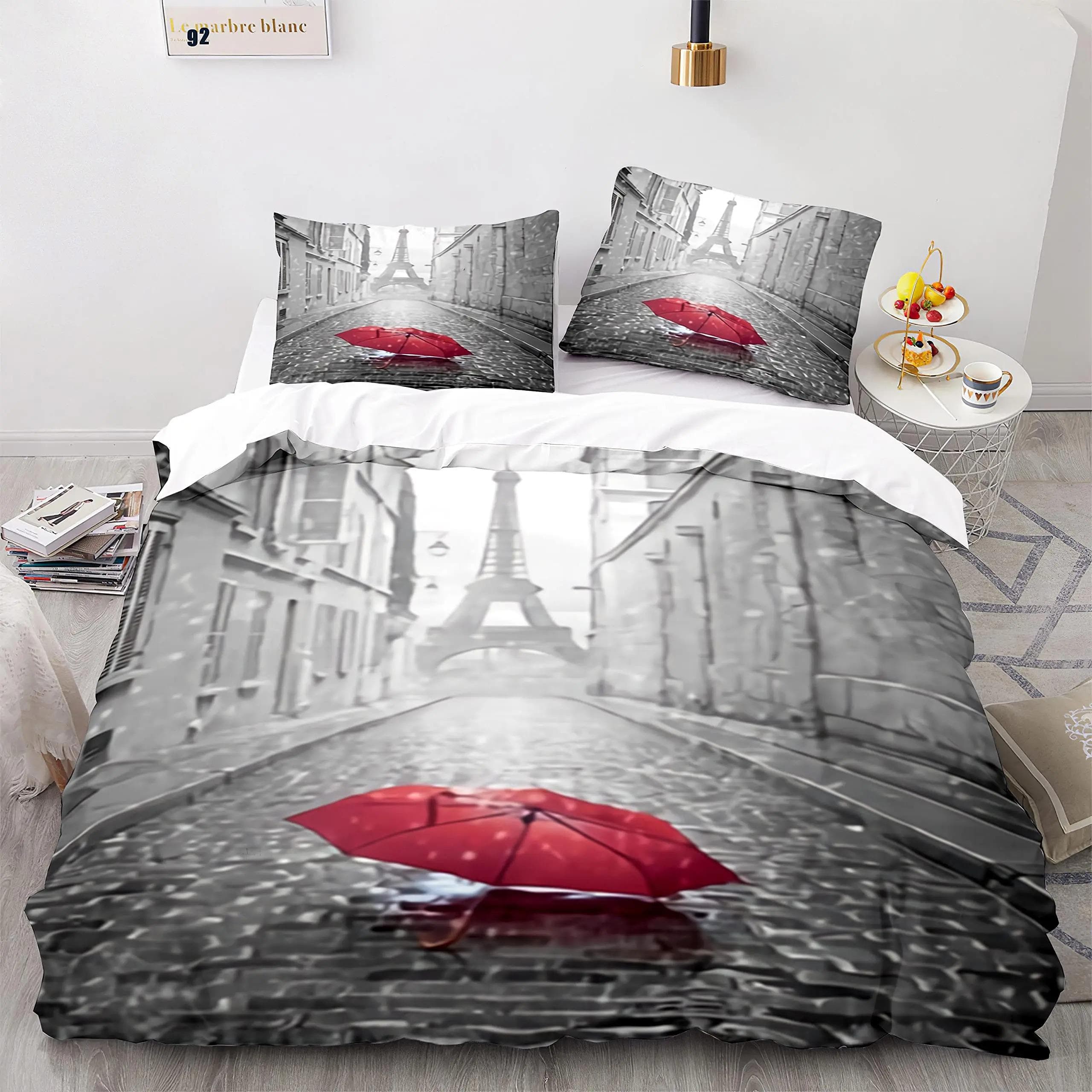 Eiffel Tower France Paris Bedding Set Boys Girls Twin Queen Size Retro Red Duvet Cover Pillowcase Bed Kids Adult 70x133cm 2pcs