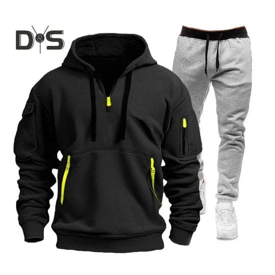 2Pcs/Set Men Sports Suit Hooded Drawstring Long Sleeve Pockets Sweatshirt Elastic Waist Trousers Set Fitness Tracksuit M black