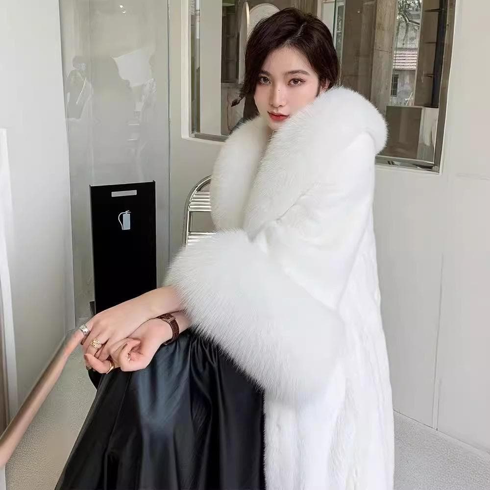 Wool Coat Women's Foreign Style Coat Long Velvet Coat Imitation Fox Fur Collar Plus Fat XXL white