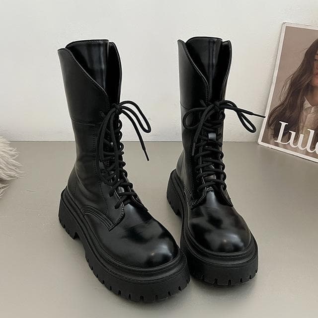 Lace Up British Style Thick Soled Women's Spring Autumn Versatile Retro Thick Heeled Short Boots 39 black