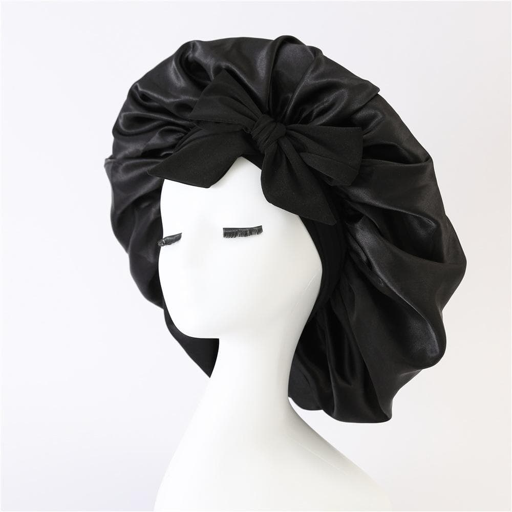 Satin Bonnet Silk Satin Night Sleep Cap  Polyester Elastic Night Sleeping Shower Cap Hair Bonnet Hat Head Cover black