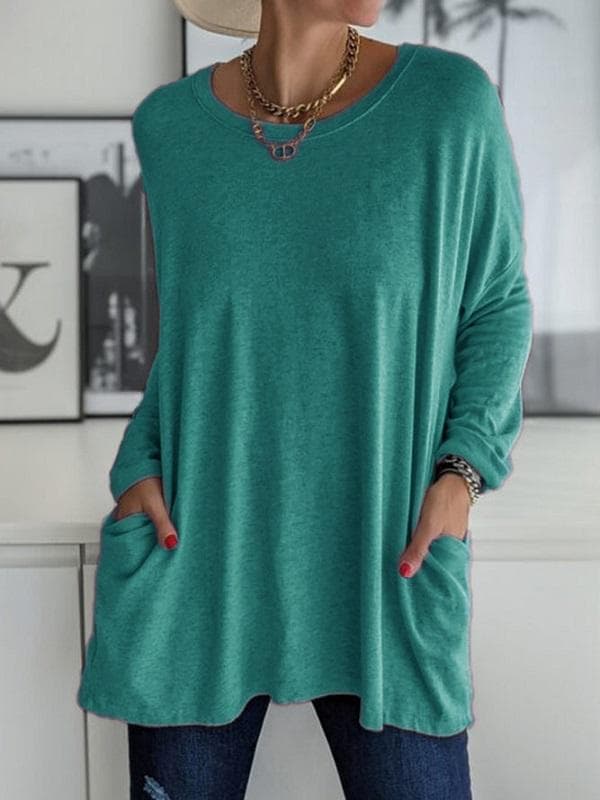 Women's Casual Spring and Summer Pocket Tunic Top O-neck Shirt Long Sleeve Shirt  Fashion Large Size Loose Solid Color T-Shirt S peacock blue