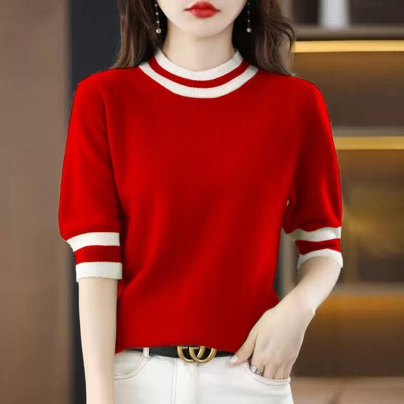 Round Neck Color Blocked Edge Pullover Sweater Mid Sleeve Five Quarter Top Knitted Sweater Knitted Base S red