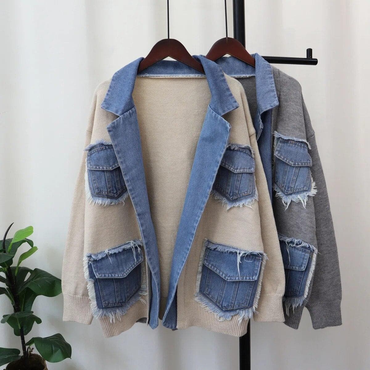 Autumn Winter Denim Pocket Spliced Women Sweater Jacket Casual Versatile Knit Female Cardigans Coat Tops One Size beige