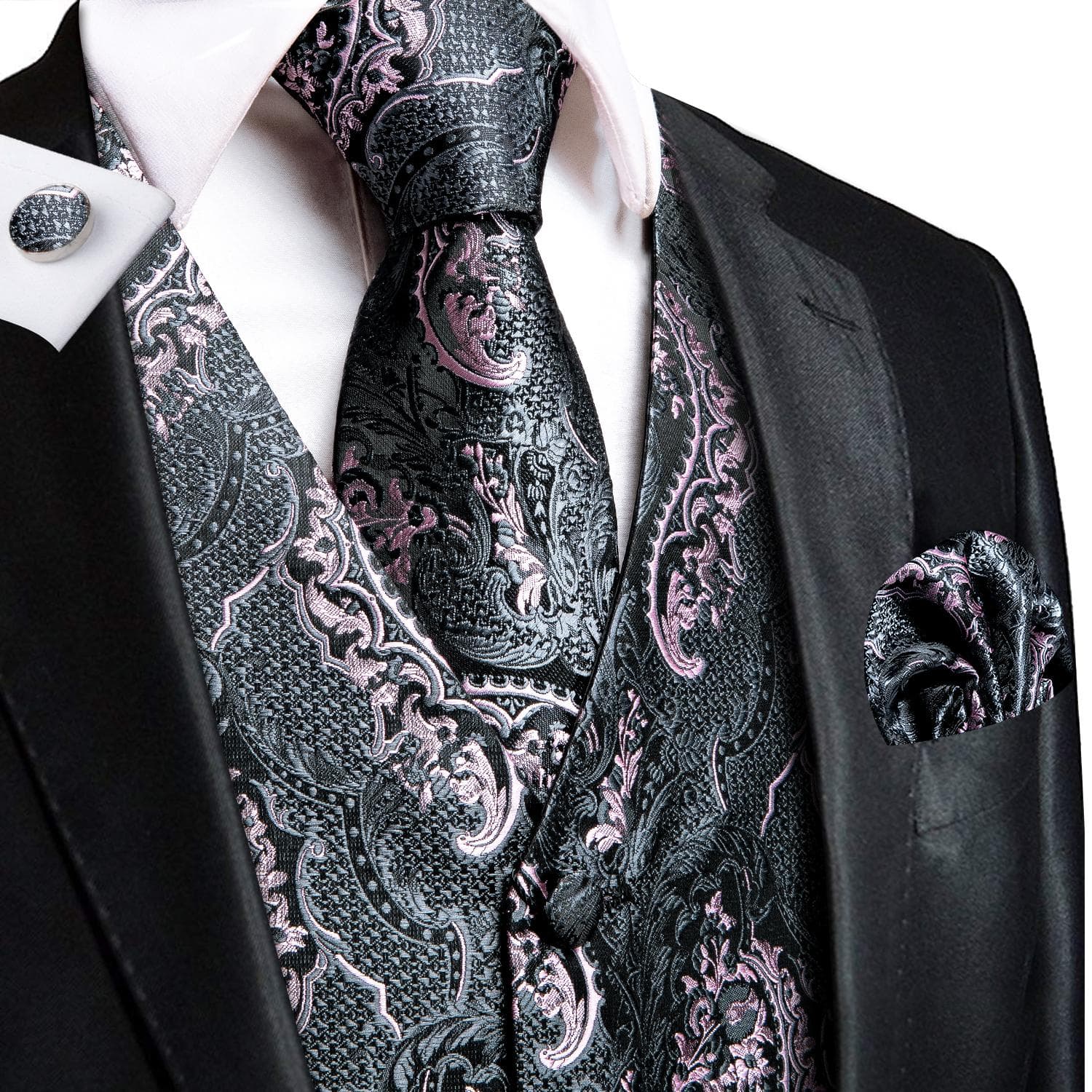 Hi-Tie Tuxedo waistcoat for Men Suit Vest Necktie Handkerchief Cufflinks Set for Wedding Business L