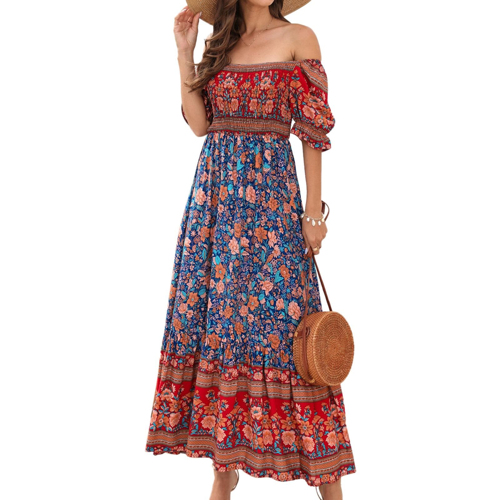 Women Printed Maxi Dress Short Bubble Sleeve Elastic Shirred Bust Off Shoulder Long Dress Blue Base