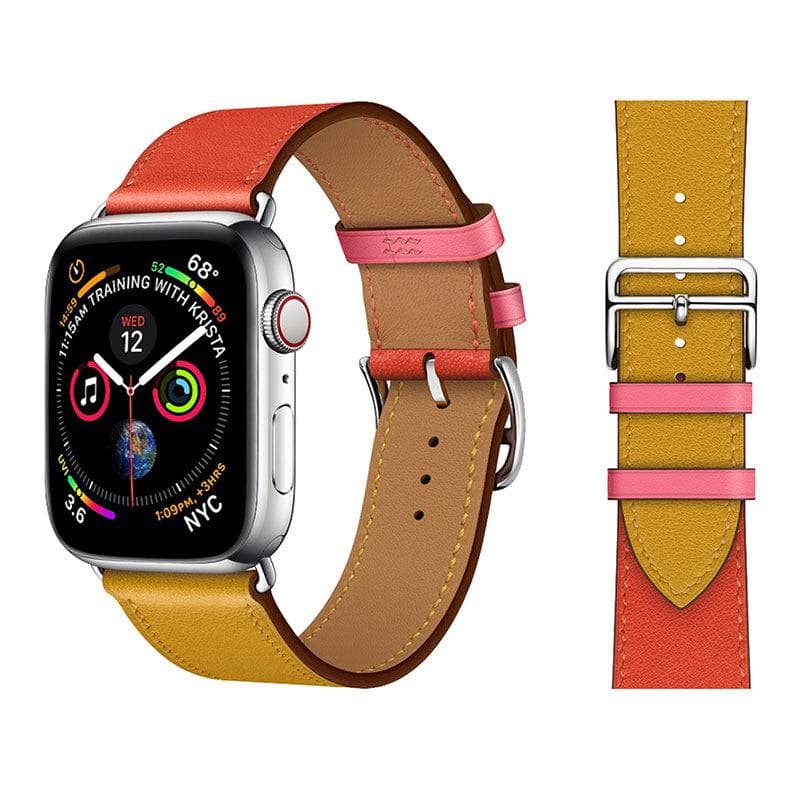 Compatible Hermes Style Leather Strap for Apple Watch 8/7/6/5/4/SE - Contrast Color Cross Pattern 38mm/40mm/41mm